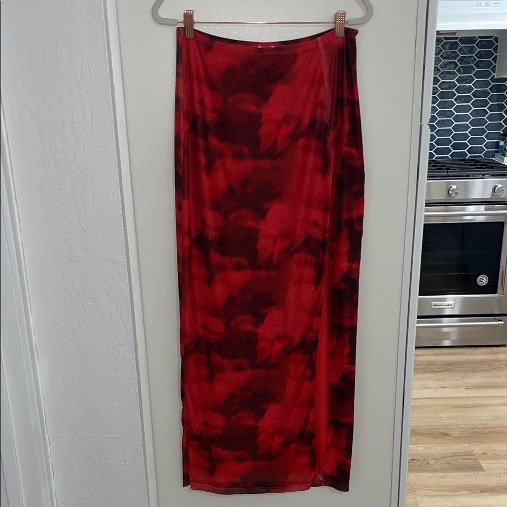 Princess Polly Elegant Red and Black Women's Mesh Thigh Slit Maxi Skirt | 8
